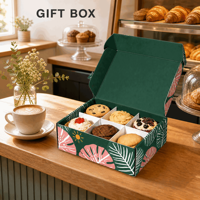 Boîte cadeau en papier pliable personnalisée à 6 compartiments pour sushis et desserts avec revêtement UV, estampage à chaud, impression offset