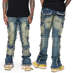 Nouveautés - Pantalons cargo vintage bleus à bords bruts - Jeans en denim pour hommes - Product Image 1