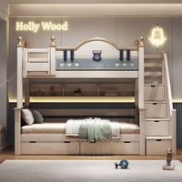 Französisches Design Kinder-Etagenbett Multifunktionales Hochbett mit Schubladen und Rutsche für Schlafzimmer