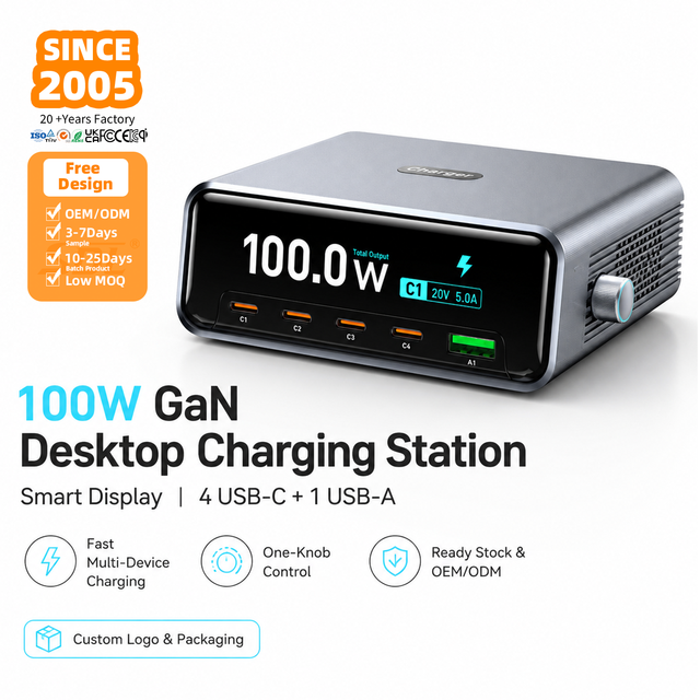 Wholesale 100W Desktop Charging Station GaN Fast Charger 5 Port USB C Charger Smart Display Multi Port Phone Tablet Charger