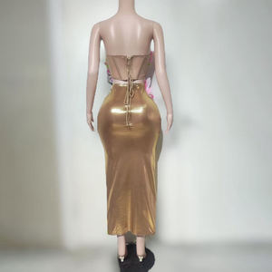 Novance Y5552 Productos <span class=keywords><strong>de</strong></span> Moda, Conjunto <span class=keywords><strong>de</strong></span> Dos Piezas Elegante, Vestidos Florales para Fiesta, Trajes <span class=keywords><strong>de</strong></span> Escenario Dorados sin Tirantes para Cantantes - Product Image 6