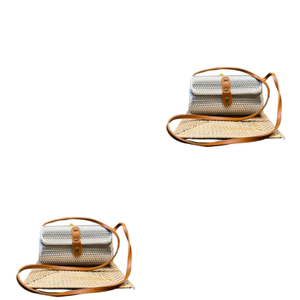 Lombok Handwoven Real Leather Strap <b>Crossbody</b> <b>Bag</b> Stylish Ethnic <b>Wicker</b> Craft Accent in Grey White Gradient Rattan Design - Product Image 3