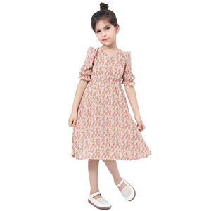 Robe Enfant Fille en Jean Smocké à Volants Floraux et Nœud, Manches Mi-Longues, Longueur Genou, Vente en Gros, pour 2-10 Ans - Product Image 3