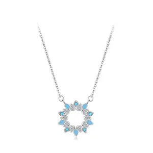 Retro Fashion Jewelry Necklace 925 Sterling Silver Rhodium Plated Turquoise Sunflower Pendant Clavicle Chain