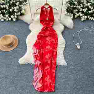 Vestido midi casual de verano para mujer, sexy, sostenible, tejido, transpirable, con cuello en V, abertura asimétrica, corte en A, espalda descubierta, con volantes y encaje. - Product Image 4