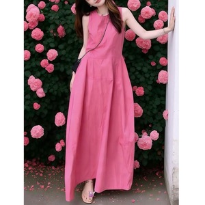 Nuovo Abito Lungo Estivo 2026 all'Ingrosso Minimalista Senza Maniche Stile Francese Chic a Vita Alta Ampio in Misto Cotone Rosa Linea A per Resort - Product Image 2