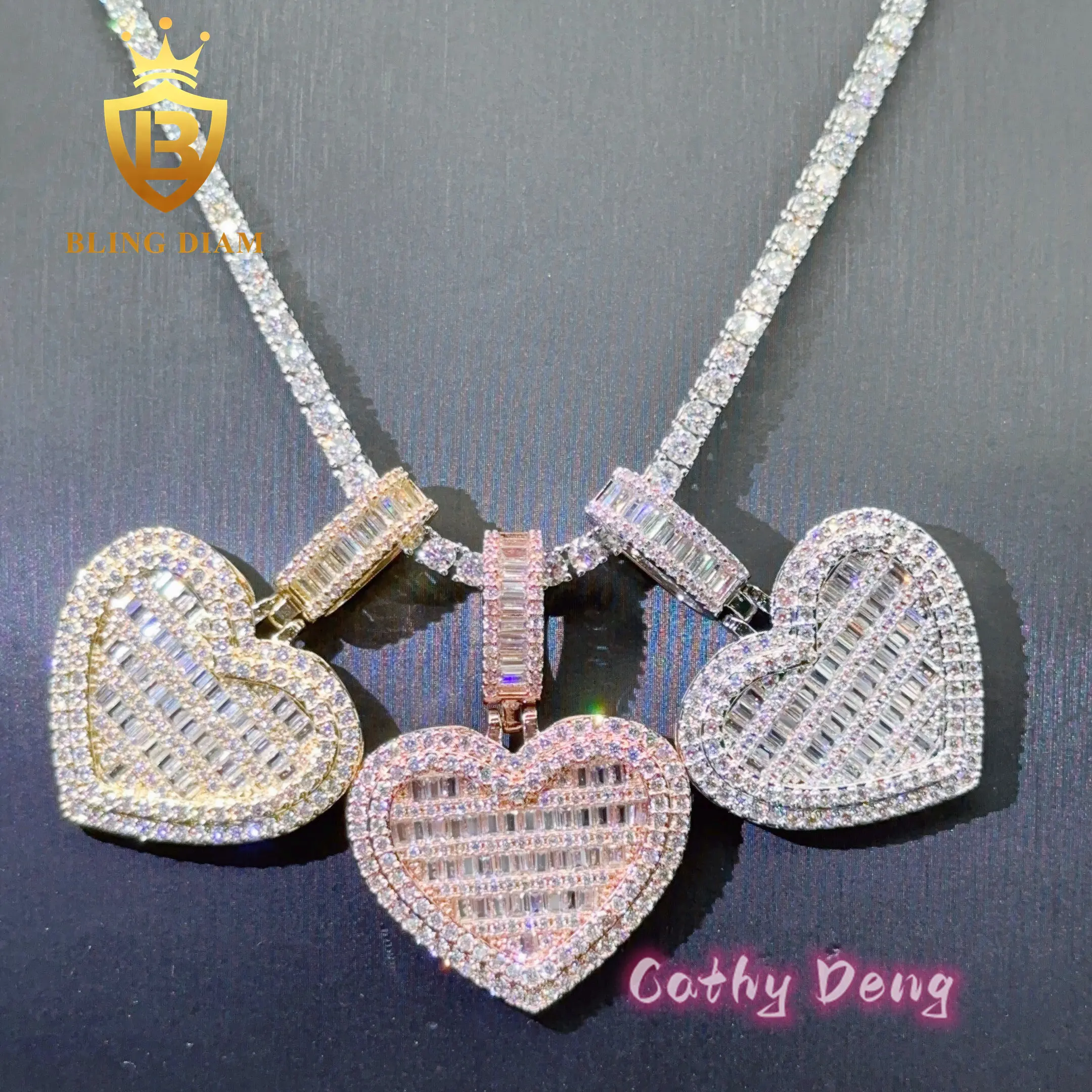 Bijoux fantaisie Baguette pleine zircone cubique diamant pendentif à breloque glacé en forme de coeur CZ pendentif collier