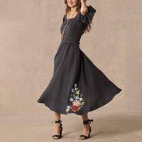 OEM nouveauté été dames brodé Flare longue robe mode style français col carré bouffant manches courtes Maxi robe avec ceinture