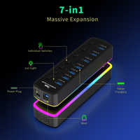 Mindpure - Hub USB 3.0 de 7 Puertos con Control de Luz RGB, Interruptores Individuales de Encendido/Apagado, Adaptador Divisor de Datos con Alimentación de 5V 2A