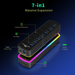 Hub <span class=keywords><strong>USB</strong></span> 3.0 Mindpure à 7 ports avec contrôle de la lumière RVB, interrupteurs marche/arrêt individuels, <span class=keywords><strong>adaptateur</strong></span> de séparateur de données alimenté 5V 2A - Product Image 4