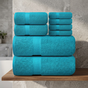 Ensemble de serviettes de bain en coton bio écologique turquoise, couleur unie, tissées, rectangulaires, pour usage domestique, taille adulte - Product Image 1