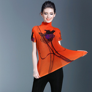 À la mode haute élastique en mousseline de soie plissée hauts femmes demi col roulé trois lits imprimé T-shirts manches courtes coupe ajustée respirant - Product Image 3