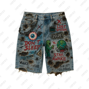Pantalones cortos de mezclilla elásticos de punto para hombre, de cintura media, estilo Hip Hop, con aplique de bordado de pedrería personalizado, dobladillo sin rematar, efecto desgastado y descolorido por el sol - Product Image 4