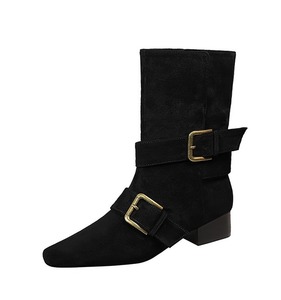 Botas de tacón de bloque para mujer con hebilla, tacón medio grueso, de ante sintético, estilo moda a media pantorrilla - Product Image 6