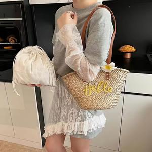 Bolso de cubo con cordón de colores sólidos, tejido a mano con paja, para viajes de verano, playa, bodas, fiestas nupciales y luna de miel - Product Image 3