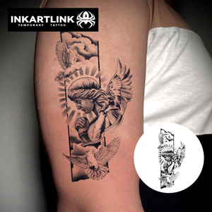 INKARTLINK Adesivo Tatuaggio Classico Angelo Ragazza in Preghiera Colomba della Pace Luce Sacra Realistico Erboristico Semipermanente 15 Giorni Arte Corporea Braccio - Product Image 1