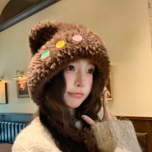Plush Earflap <b>Hat</b> With Four Color Buttons Thickened Warm Windproof Unisex Winter <b>Beanie</b> 56-58Cm Cute Style - Product Image 1