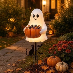 Décoration de jardin d'Halloween en résine, citrouille fantôme lumineuse à énergie solaire avec seau à bonbons, pour dropshipping Shopify - Product Image 3