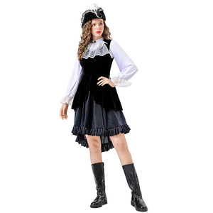 <b>Women</b> <b>Pirate</b> <b>Costume</b> Black Velvet Dress With Lace Collar And Hat For Halloween Cosplay Party Outfit - Product Image 4