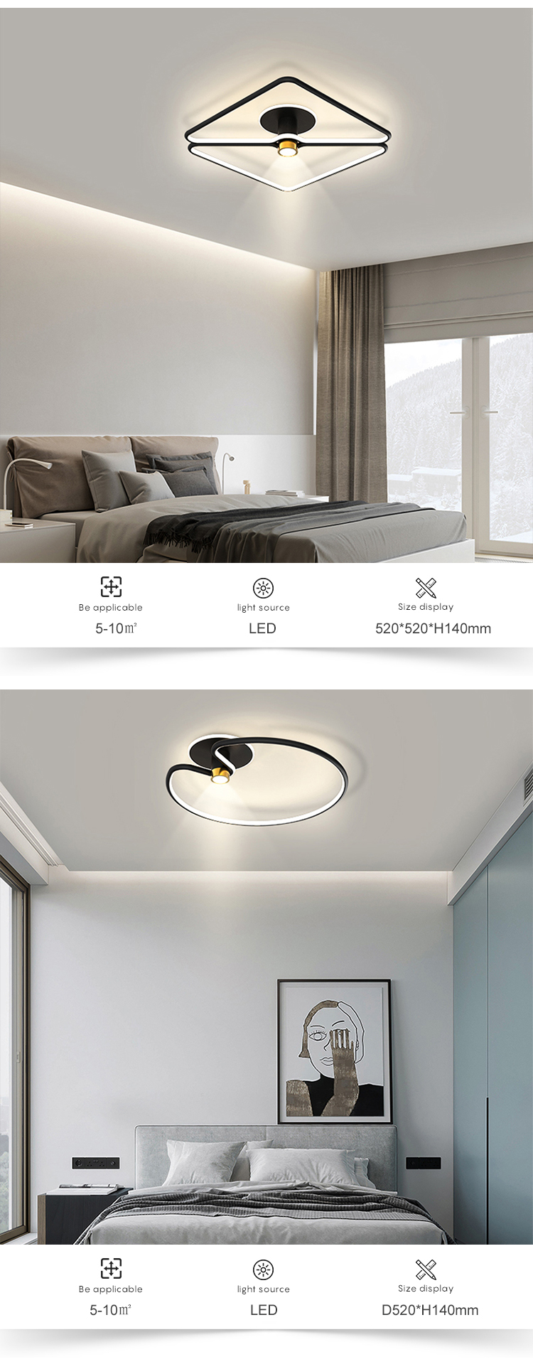Long Term Use Indoor Fashion Decoration Black Aluminum Bedroom Living Room Modern LED Ceiling Lamp