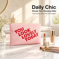 Sac de maquillage en toile rose grande capacité avec logo personnalisé, pochette de voyage pour cosmétiques, organiseur de toilette avec fermeture éclair dorée