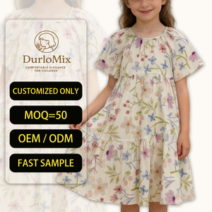 <span class=keywords><strong>Robe</strong></span> d'été décontractée pour filles, 100 % coton, col rond, à volants floraux, manches courtes, à étages, longueur genou, pour fête, ODM - Product Image 1