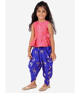 Twisha – Ensemble élégant ethnique pour filles : Haut peplum auto-designé et pantalon dhoti imprimé rose et bleu (6 mois à 14 ans) - Product Image 1
