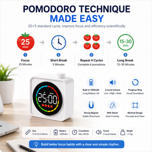 Minuteur numérique F10, batterie rechargeable, matériau ABS, 3 niveaux de <span class=keywords><strong>volume</strong></span>, compte à rebours/compte à rebours positif, mode Pomodoro pour la préparation aux examens, l'étude des enfants - Product Image 2
