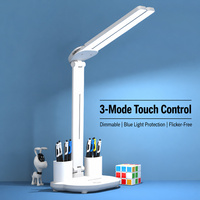 Lampe de bureau LED moderne blanche à 3 couleurs, rechargeable, à intensité variable, pour la lecture et l'étude, avec porte-stylo, affichage de l'heure, de la date et de la température
