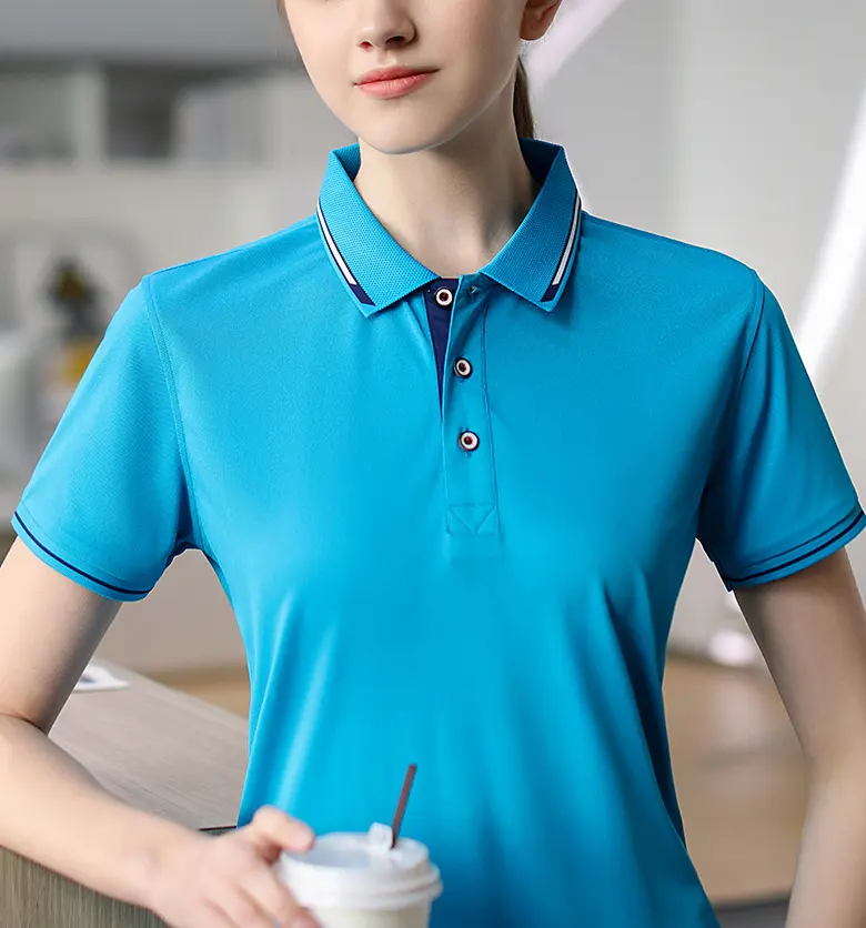 Ropa de golf con logotipo personalizado para mujer, camisetas de secado rápido con diseño de cuello de contraste de polo azul claro de color