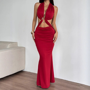 ชุดเดรสคอวีเปิดหลังเซ็กซี่สีแดงสำหรับผู้หญิงชุดเดรสยาวผูกเชือกแฟชั่นแนวสตรีทใหม่สำหรับฤดูร้อน - Product Image 5