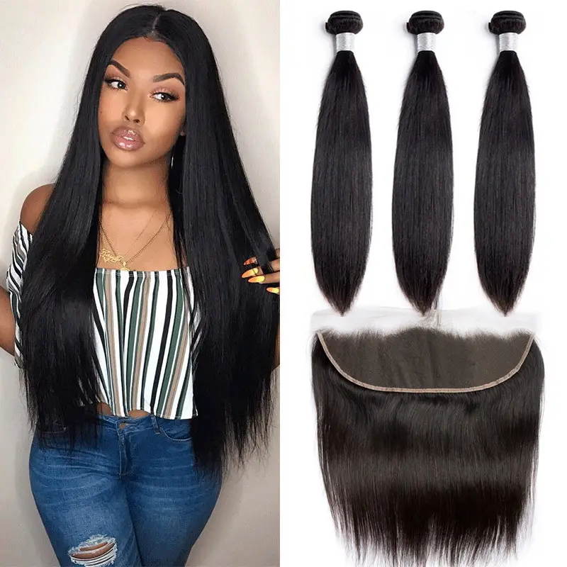Brazilian Human Hair Weave Bundles With 13x4 Lace Frontals Closure Set Human Hair Extension Straight 3 Bundles and Frontal Set