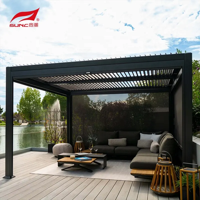 Moderne elektrische Pergola Pavillon im Freien bio klimatische Solar wasserdichte motorisierte Louvered Aluminium Pergola