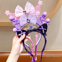 Nouveau perruque et bandeau Kuromi faits main pour enfants, coiffe Sanrio pour filles, couronne pour bébé avec ruban.
