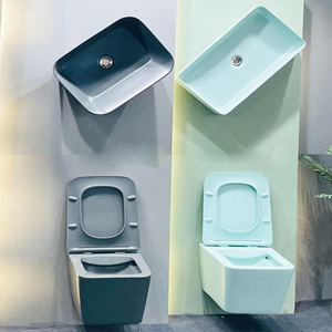 Ensemble <span class=keywords><strong>WC</strong></span> <span class=keywords><strong>suspendu</strong></span> et lavabo en céramique pour maison, avec finition mate, sans rebord, en céramique dorée, design artistique, à poser sur comptoir - Product Image 2