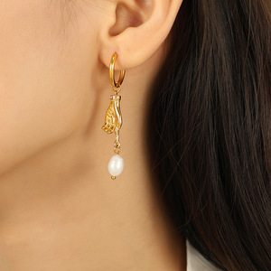 Fashion Drop Earrings Gold <b>Hand</b> Design Freshwater Pearl Zinc Alloy Party Jewelry EH811 - Product Image 4