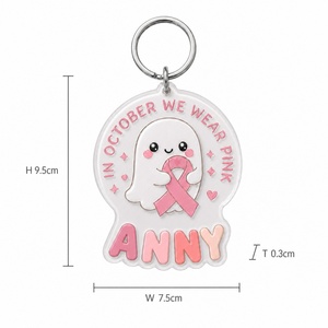 Porte-clés personnalisé en ruban <span class=keywords><strong>rose</strong></span> fantôme en acrylique avec inscription OCTOBER WE WEAR PINK, pour la sensibilisation au cancer du <span class=keywords><strong>sein</strong></span> et Halloween - Product Image 2