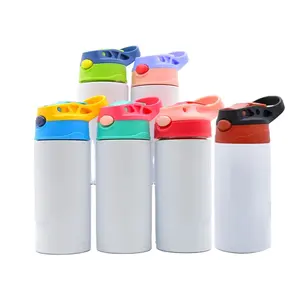 Bouteille d'eau de Sublimation vierge avec paille insérée à l'intérieur du couvercle, gobelet pour enfants, 12oz