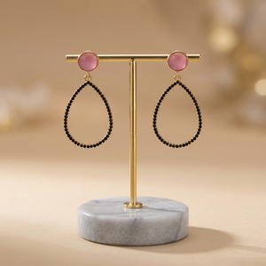 Boucles d'oreilles clous en forme de goutte plaquées or 24 carats avec pierre d'agate rose et incrustation de cristal noir, bijoux ethniques unisexes pour fêtes - Product Image 3