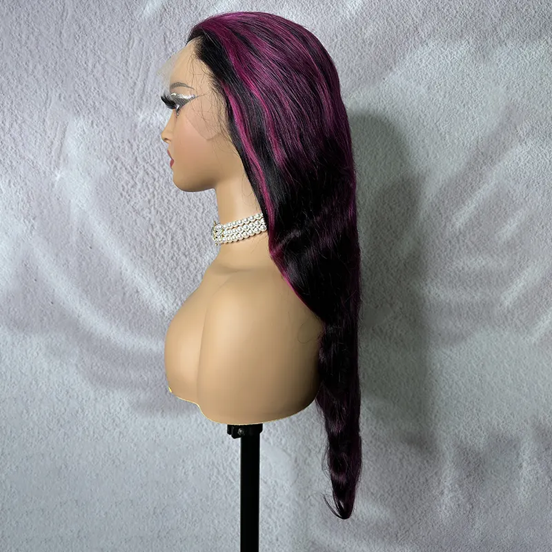 Parrucca Pre-strappata di colore personalizzato dritta e onda del corpo capelli grezzi radice nera viola due tonalità 13x4 capelli umani parrucche frontali in pizzo