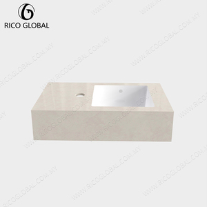 Lavabo Rectangular Moderno para Baño, de Pared, con Acabado Pulido, Grifo de un Solo Orificio y Estante de Drenaje de Madera - Product Image 2