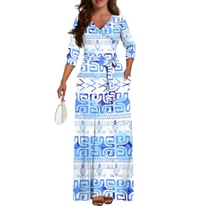 Venta caliente estilo <span class=keywords><strong>Marquesan</strong></span> tatuaje polinesio personalizado ecológico Casual Formal Normcore mujer cuello en V vestido largo - Product Image 3