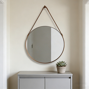 Elegante <span class=keywords><strong>Espejo</strong></span> Circular Colgante de Acero Inoxidable, Hecho a Mano, con <span class=keywords><strong>Cuerda</strong></span> de Cuero Ajustable, Estilo Moderno Minimalista, Decorativo - Product Image 1