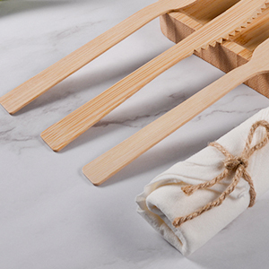 पार्टी के लिए बायोडिग्रेडेबल रैप्ड कटलरी प्री रोल्ड नैपकिन और बांस चाकू कांटा चम्मच - Product Image 6