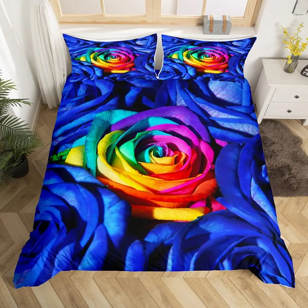 Purple Red Rose King Queen Bedding Set Romantic Colorful Cover Blossom Flower Comforter Cover Polyester Quilt Cover Floral Duvet