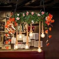 Plantes vertes et fleurs rétro Style industriel corde de chanvre lampe Pub barre de compensation créatif chaud Restaurant bar lustre