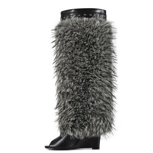Bottes d'été à talons compensés hauts et bout ouvert, personnalisées, longues et moelleuses, pour femmes, avec boucles de ceinture sur le dessus, hauteur genou, en fourrure - Product Image 5