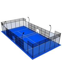 Système de terrain de padel intérieur modulaire avec clôture en verre, gazon bleu et structure métallique pour les centres d'entraînement