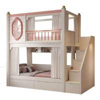 Lit superposé moderne en bois massif rose princesse avec fenêtre ovale, escalier de rangement, tiroirs et rideau d'intimité pour chambre de filles