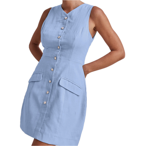Robe mini en lin bleu clair sans manches, col en V, boutonnée sur le devant, style décontracté d'été, couleur unie, respirante et ajustée - Product Image 1